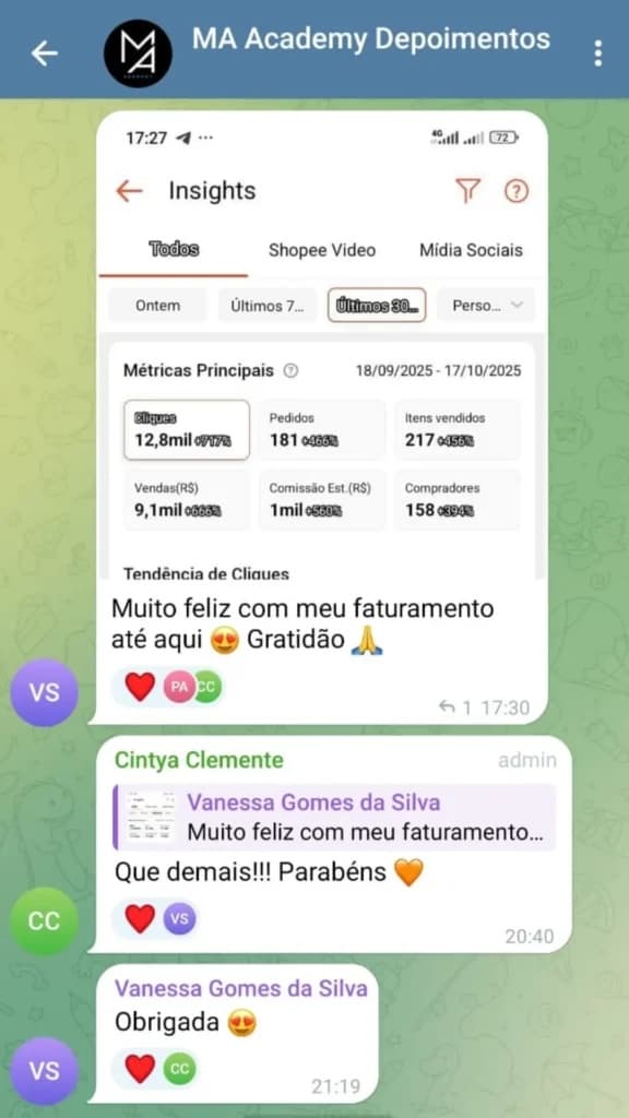 Depoimento de aluna do Master Afiliados Academy mostrando resultados de vendas e comissões