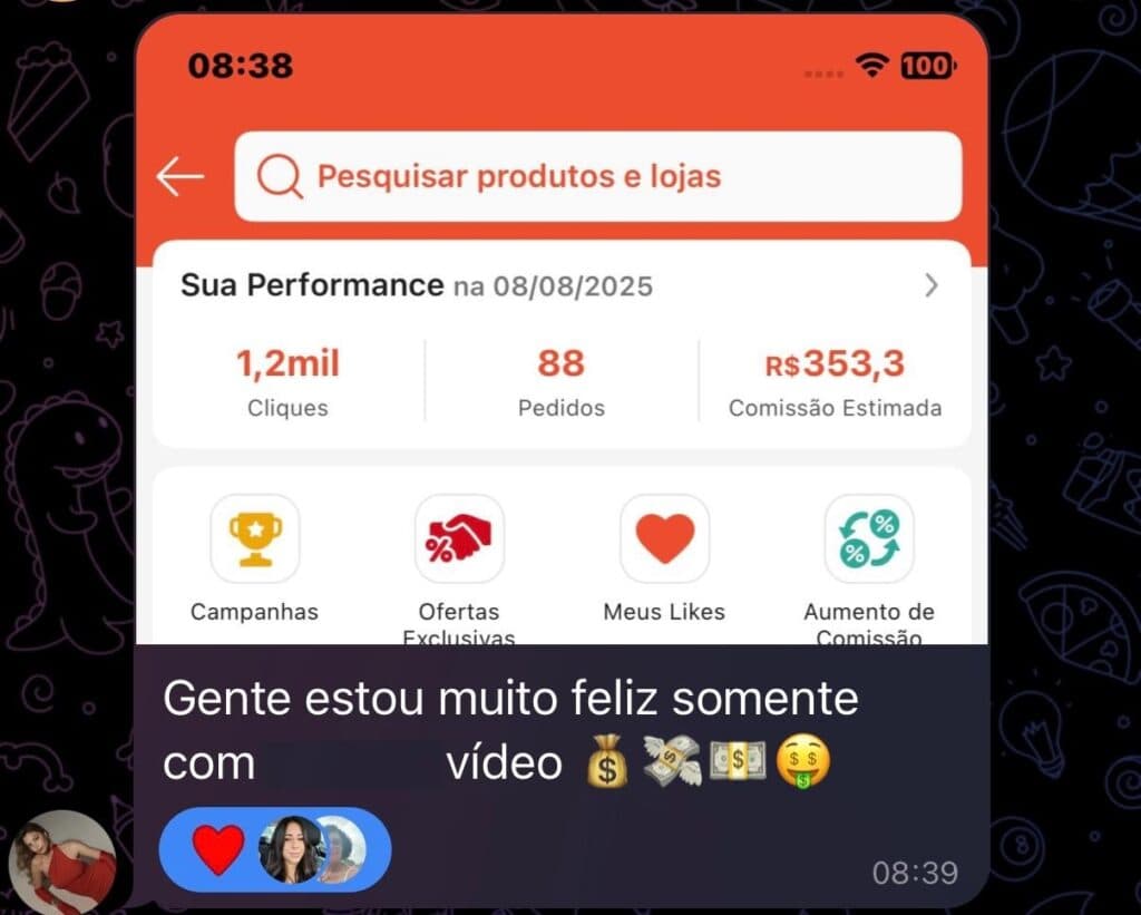 Depoimento de aluna do Master Afiliados Academy mostrando performance e comissões