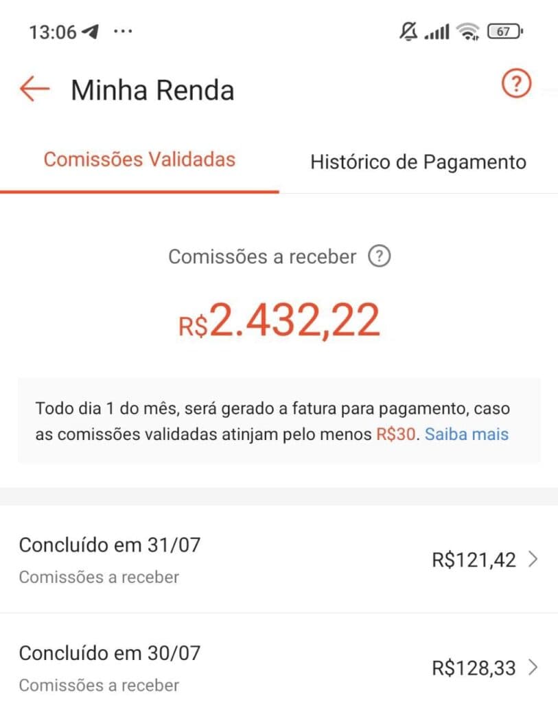 Depoimento de aluna do Master Afiliados Academy mostrando renda e comissões validadas